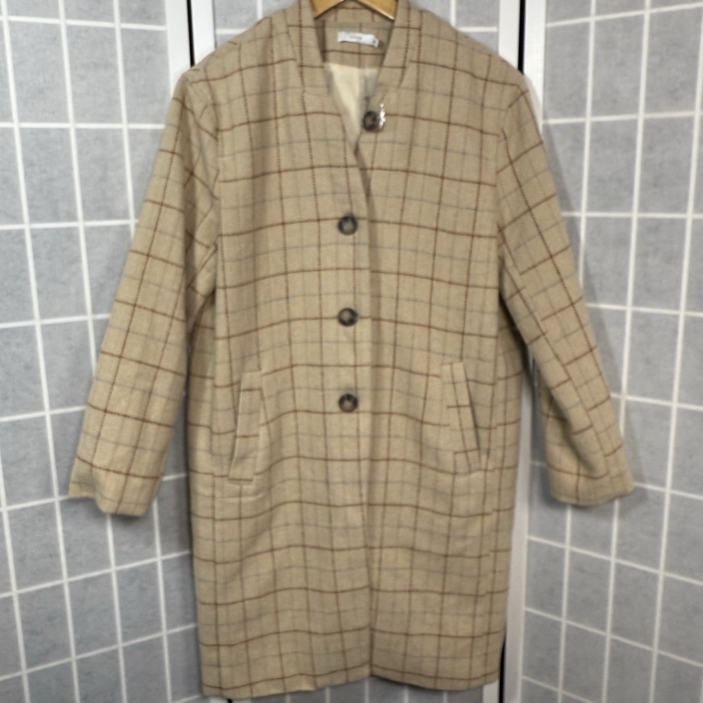 Lush Coat Womens Small Tan Plaid Tweed Knee Length 3 Button Classic Preppy